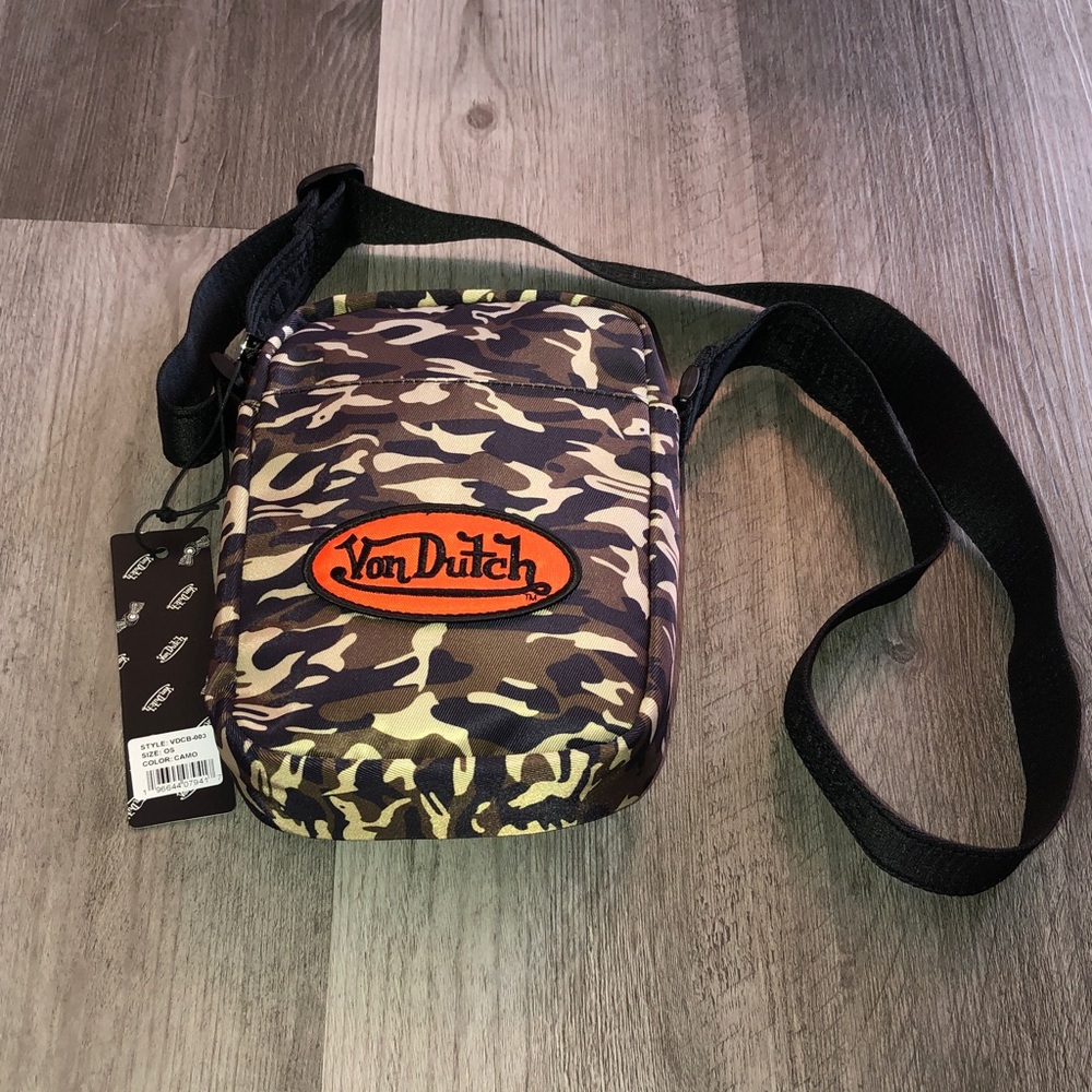Von Dutch 100% Nylon All Over Camouflage Print Crossbody Logo Patch NWT
